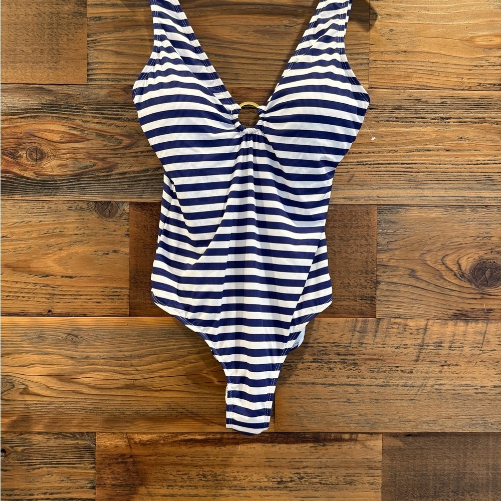Jones New York Navy and White Striped One Piece Swimsuit with Gold Detail NEW